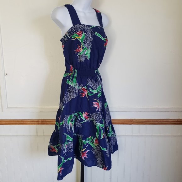 Sand Pebble of Hawaii Womens Sundress Medium Blue Bird of Paradise Print 70s USA - Picture 2 of 10
